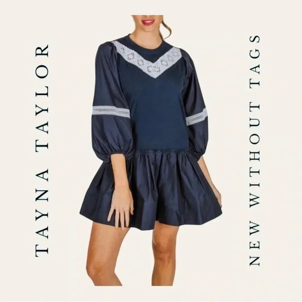 159. TANYA TAYLOR KIRSTIE PUFF SLEEVE MIDI DRESS SIZE XSMALL NAVY BLUE/WHITE